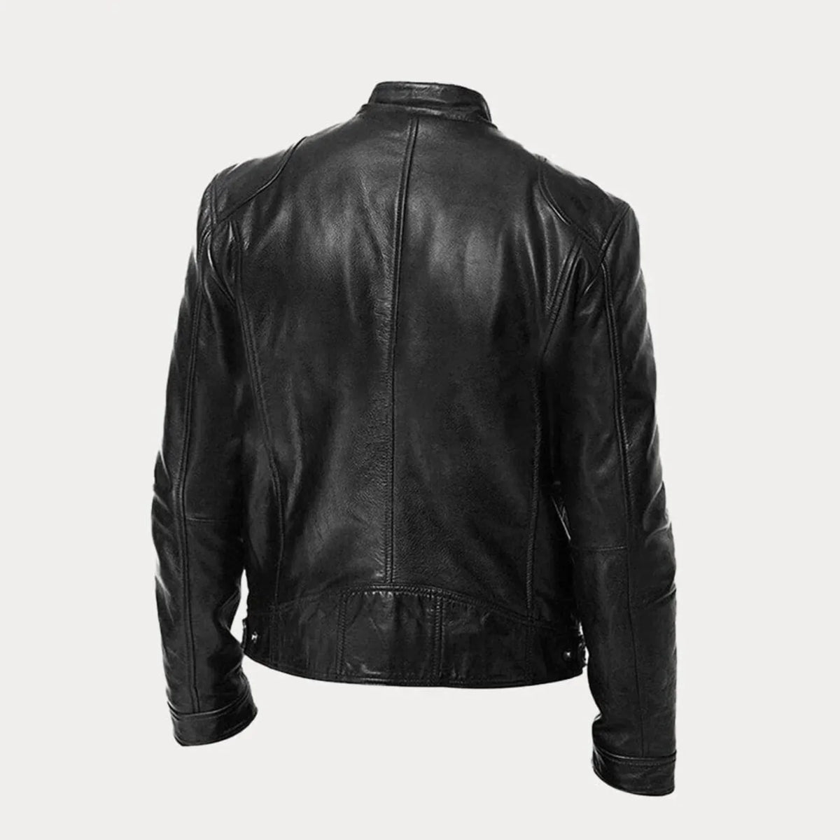 Women's black leather zip-front moto jacket with band-collar zip-pocket