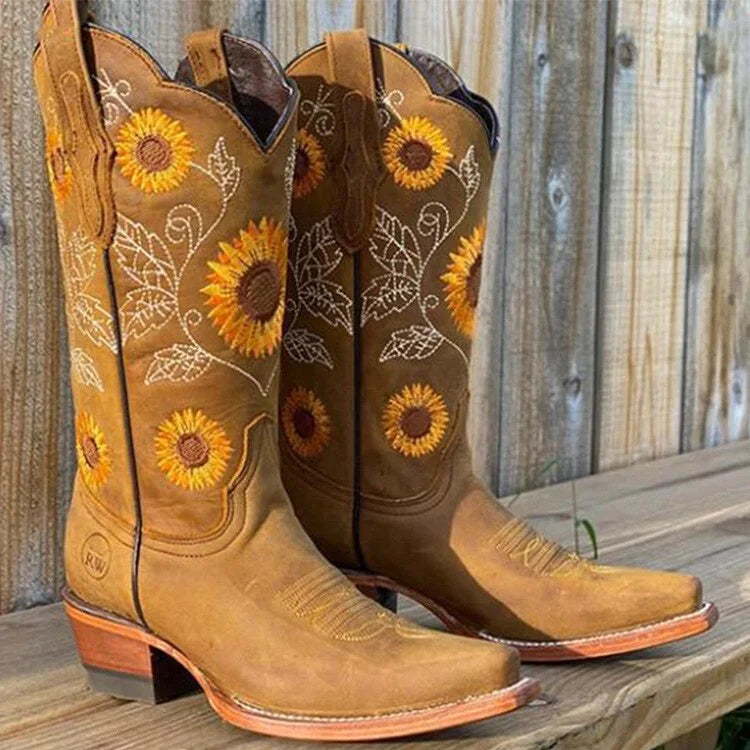 Women's bohemian sunflower-embroidered western leather boots