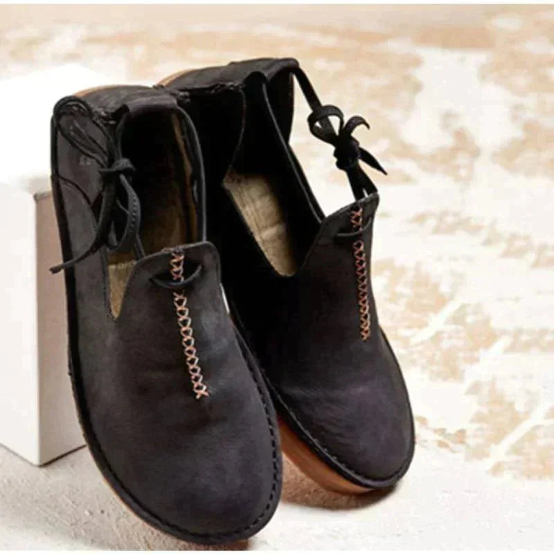 Women's casual suede lace-up flat shoes with decorative stitching
