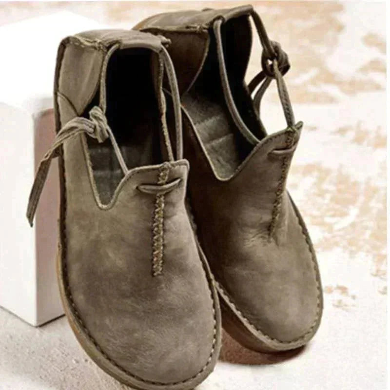 Women's casual suede lace-up flat shoes with decorative stitching