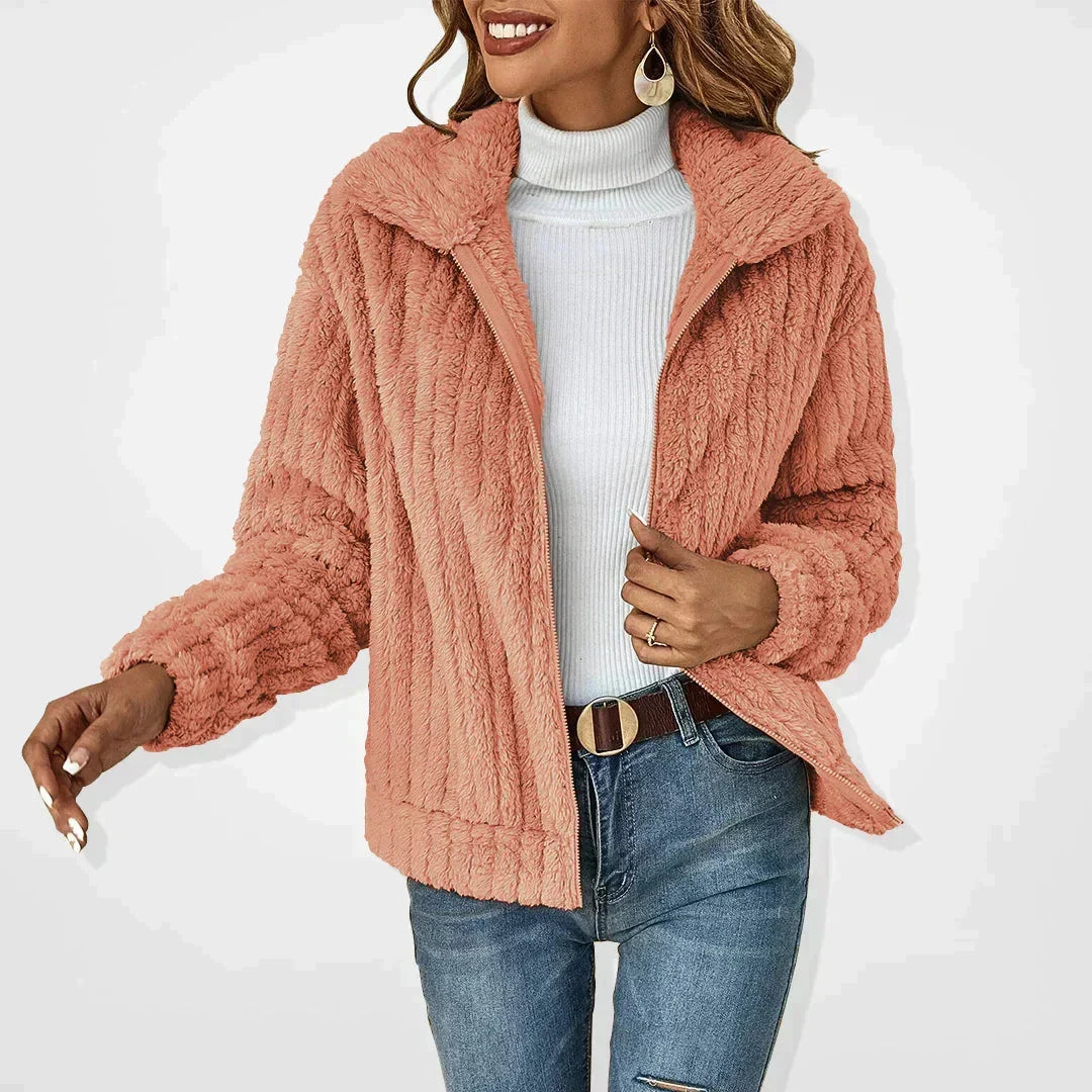 Cosy Fuzzy Fleece Zip-Up Jacket with Wide Collar