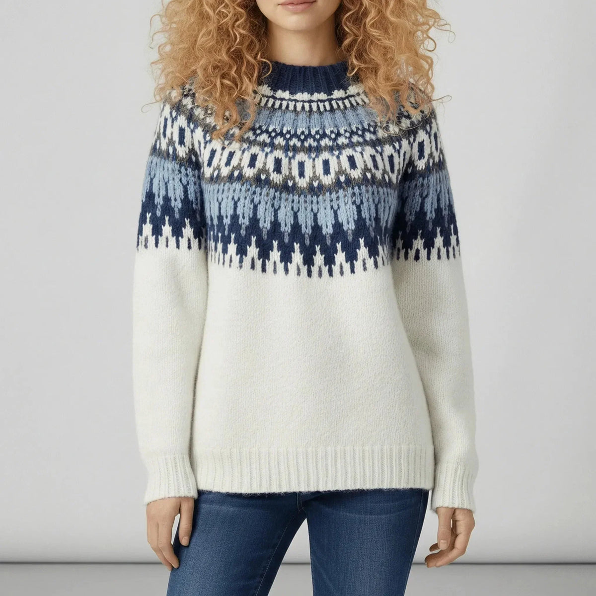 Women's knitted jumper fair isle stand collar relaxed fit