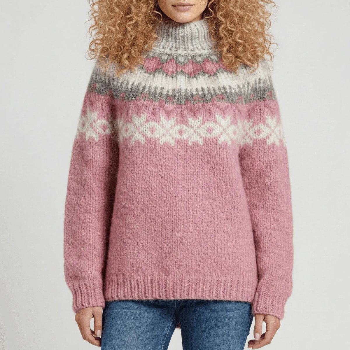 Women's knitted jumper fair isle stand collar relaxed fit