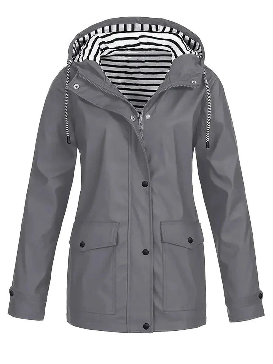 Women's Hooded Striped-Lined Zip-Up Waterproof Rain Coat
