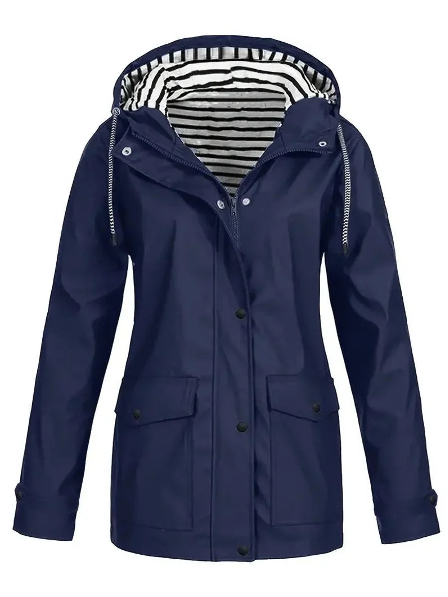 Women's Hooded Striped-Lined Zip-Up Waterproof Rain Coat