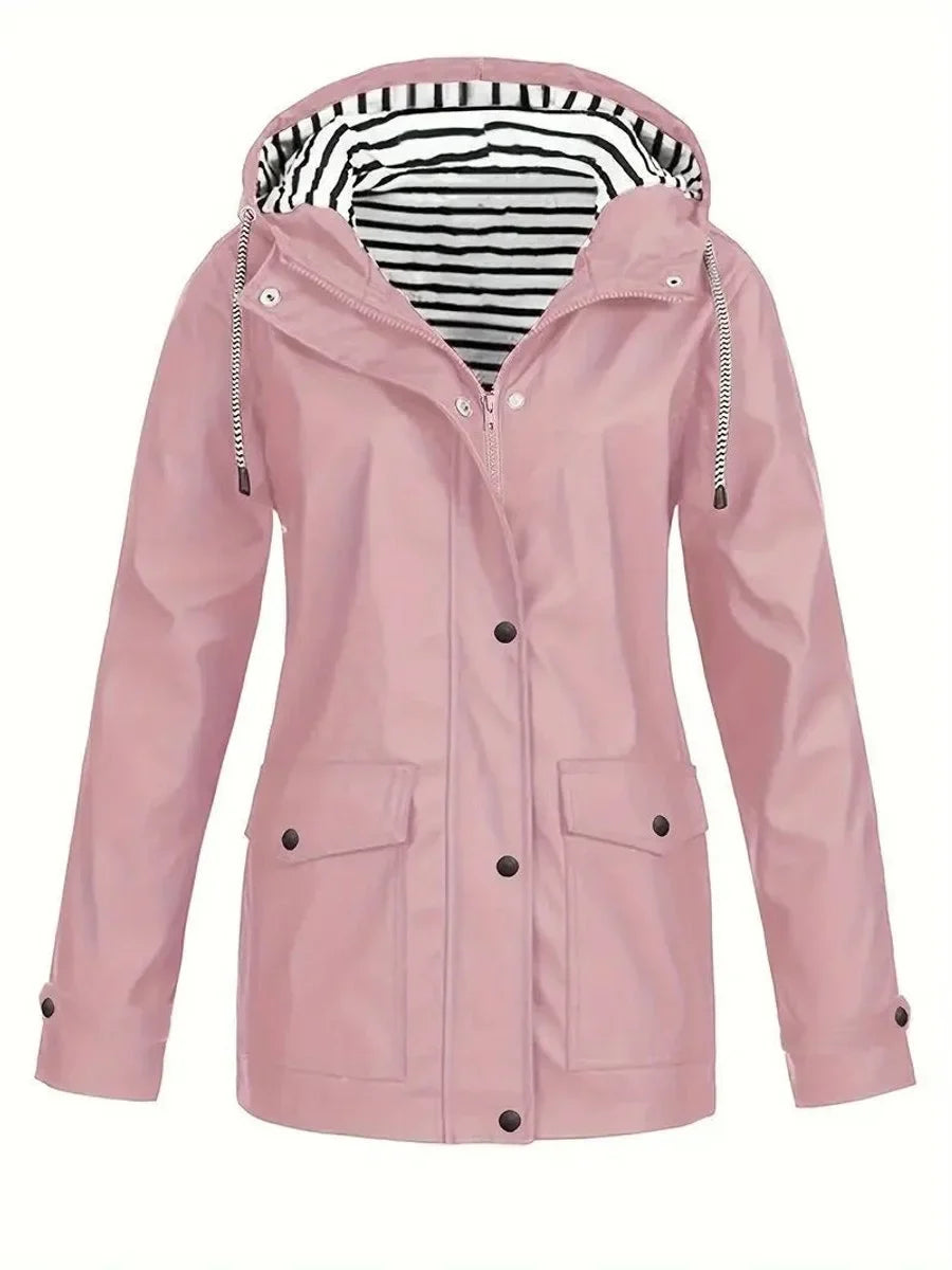 Women's Hooded Striped-Lined Zip-Up Waterproof Rain Coat