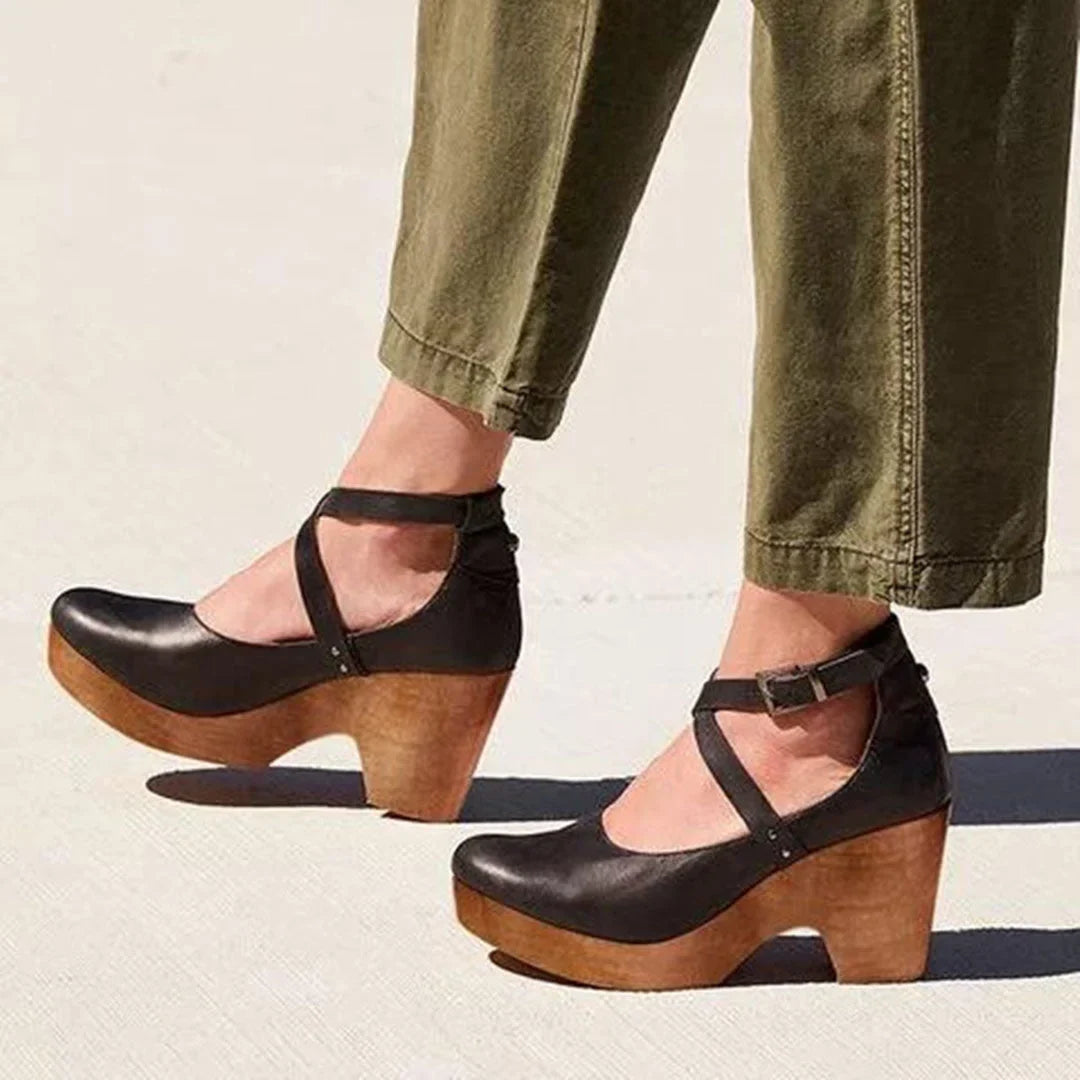Women's leather closed-toe Mary-Jane platform wedge heels with ankle strap