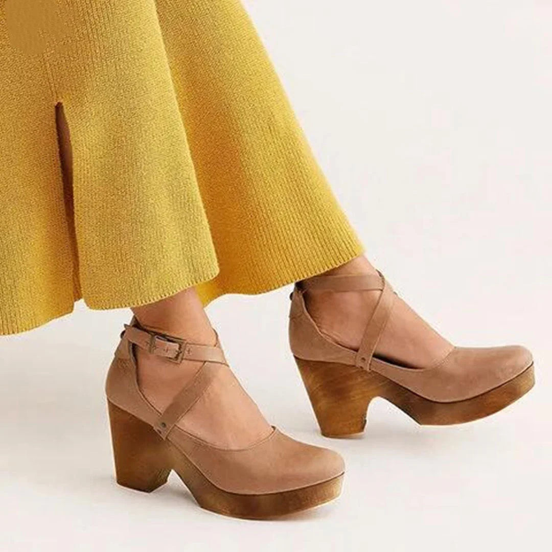 Women's leather closed-toe Mary-Jane platform wedge heels with ankle strap