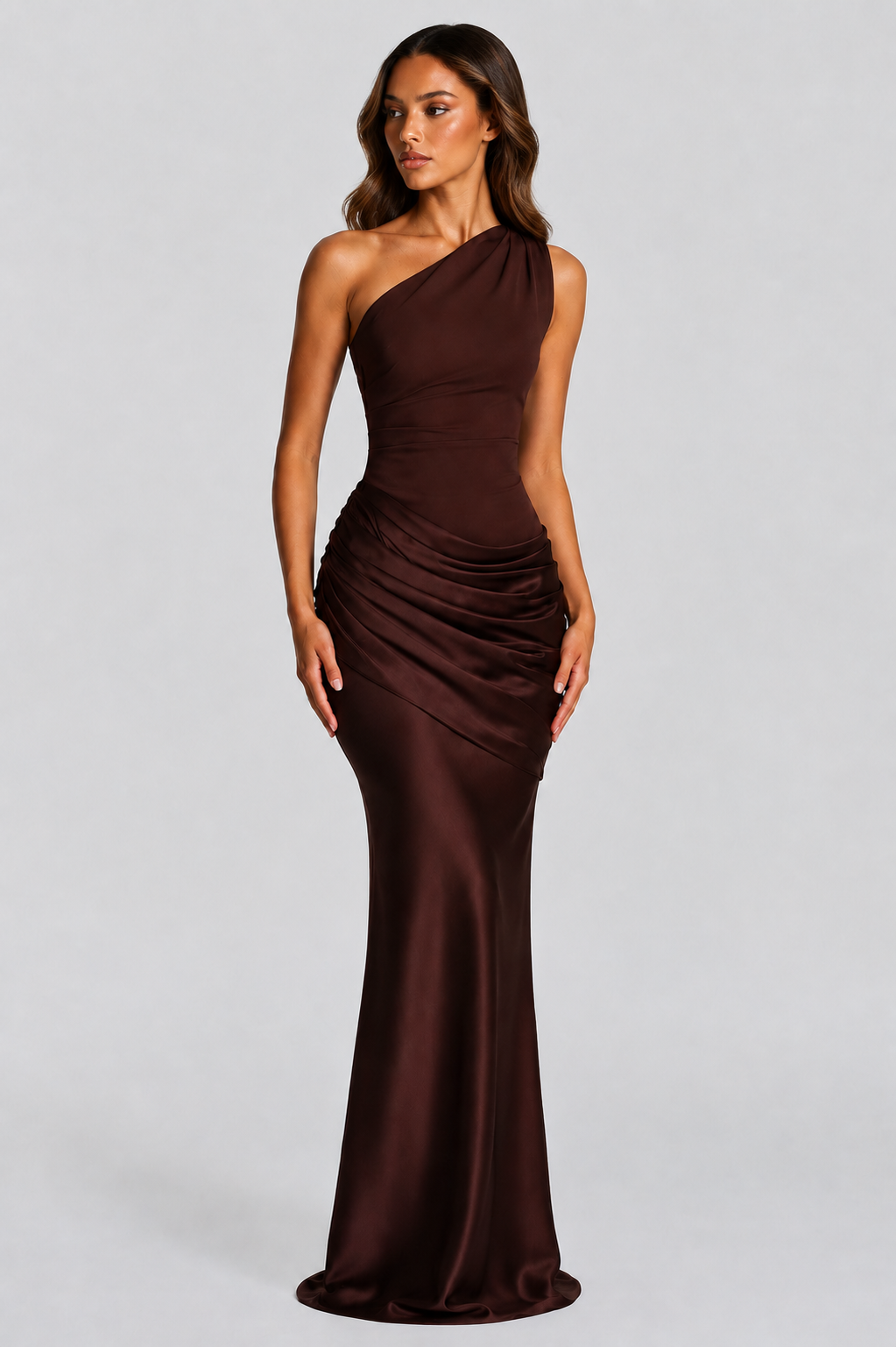 One-shoulder draped satin maxi dress
