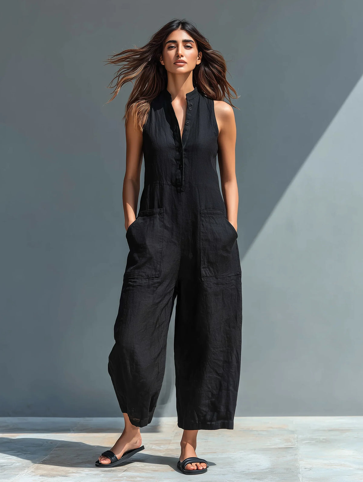 Women's Linen Wide Leg Jumpsuit with Button Front