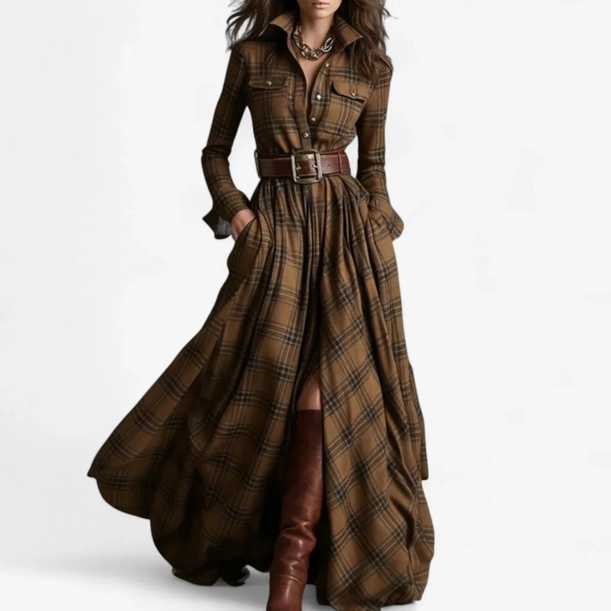 Plaid Flannel Belted Maxi Shirt Dress