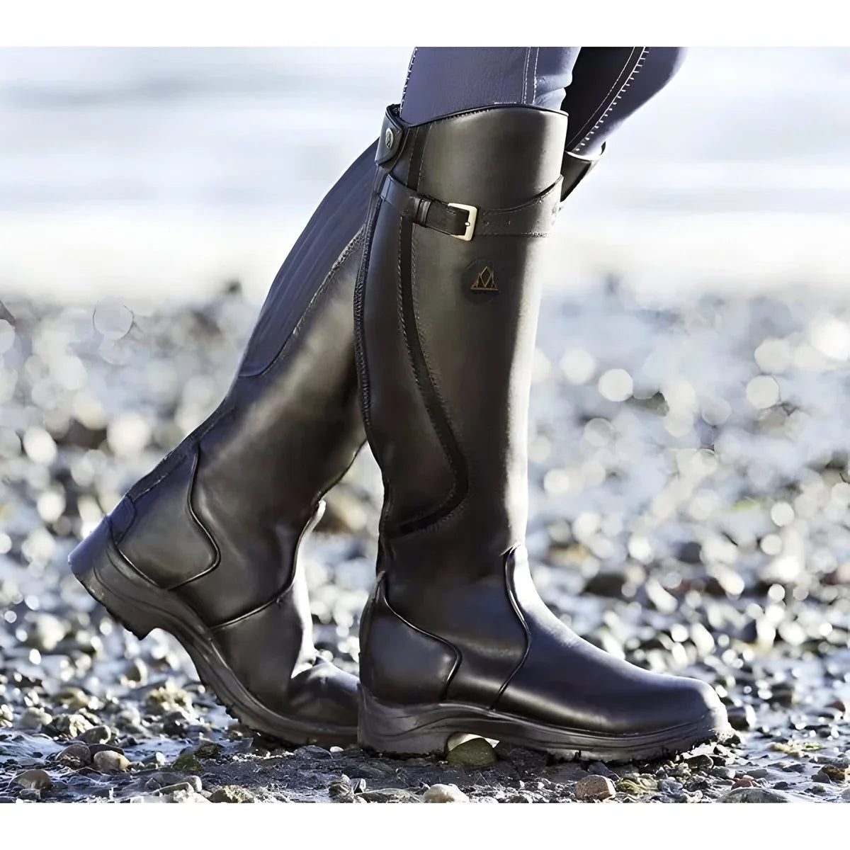 Women's Waterproof Leather Knee High Boots Buckle Strap Riding