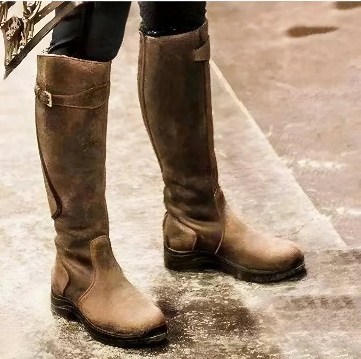 Women's Waterproof Leather Knee High Boots Buckle Strap Riding