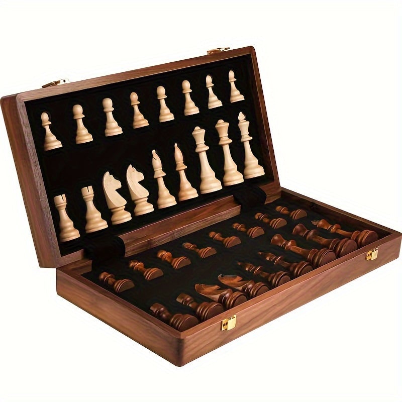 Wooden Chess Set with Folding Board Pieces and Interior Storage Slots Marble