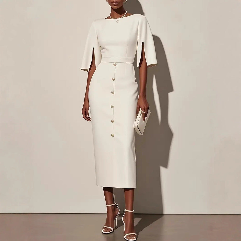 Women's Round Neck Midi Dress with Three-Quarter Sleeves and Waist Details