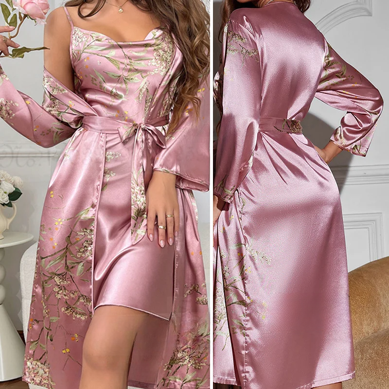 Two-Piece Satin Nightdress & Floral Print Kimono – Noelle