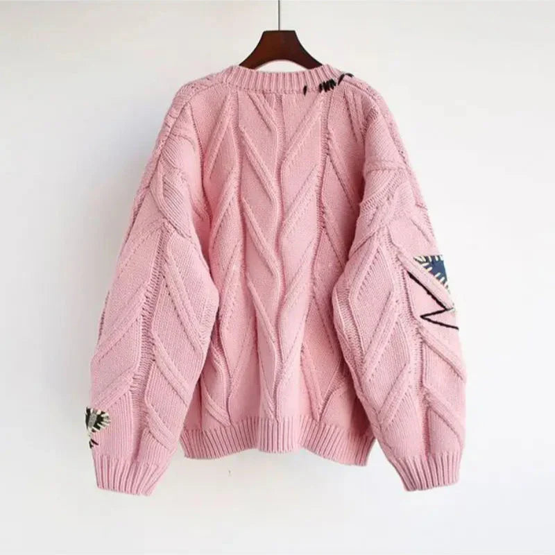 Knitted V-Neck Women’s Cardigan with Patchwork Embroidery