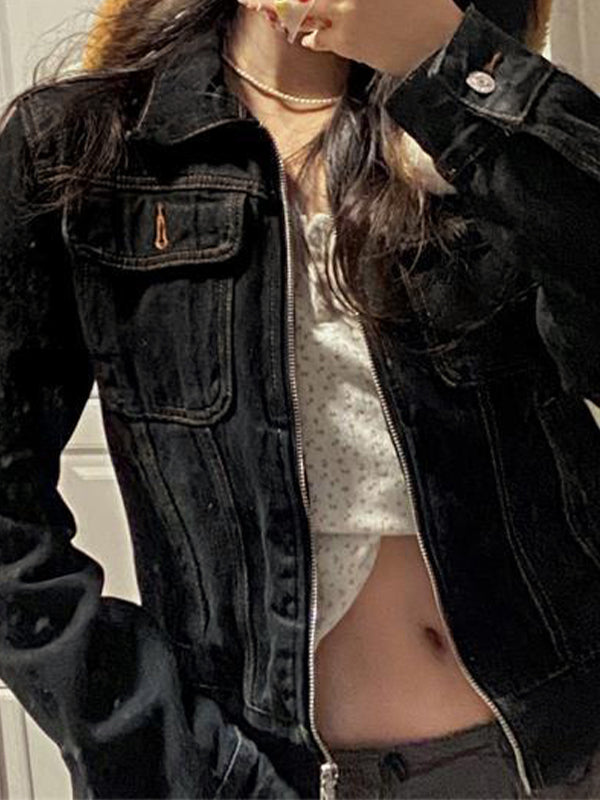 Lune London | Black Denim Notched Collar Zip-Up Short Jacket