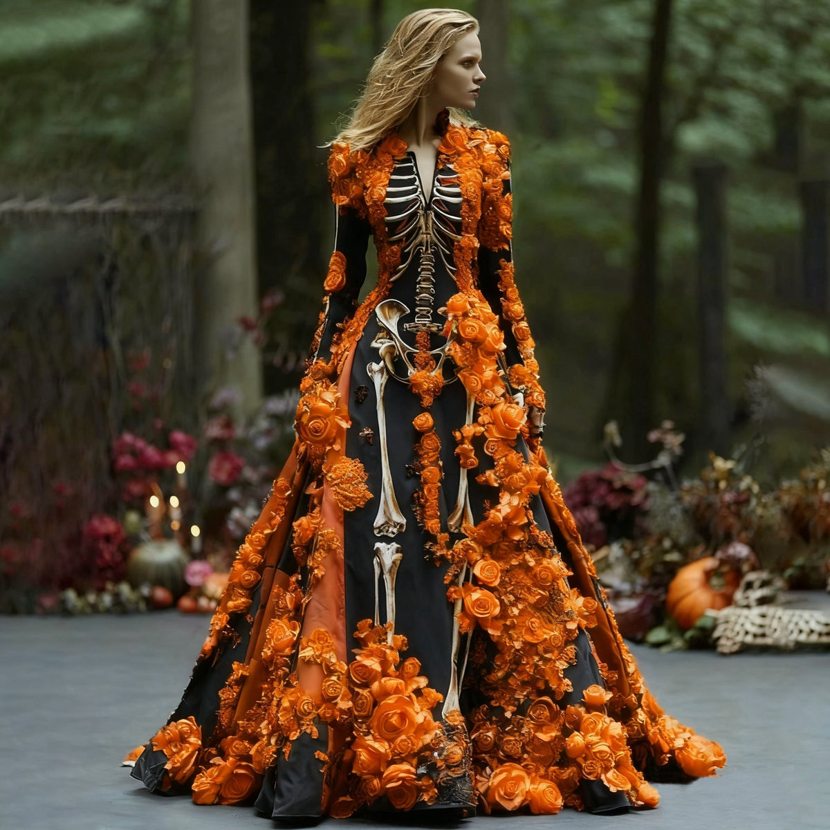 Women's Maxi Dress with Long Sleeves and Skeleton Flower Print for Halloween Parties