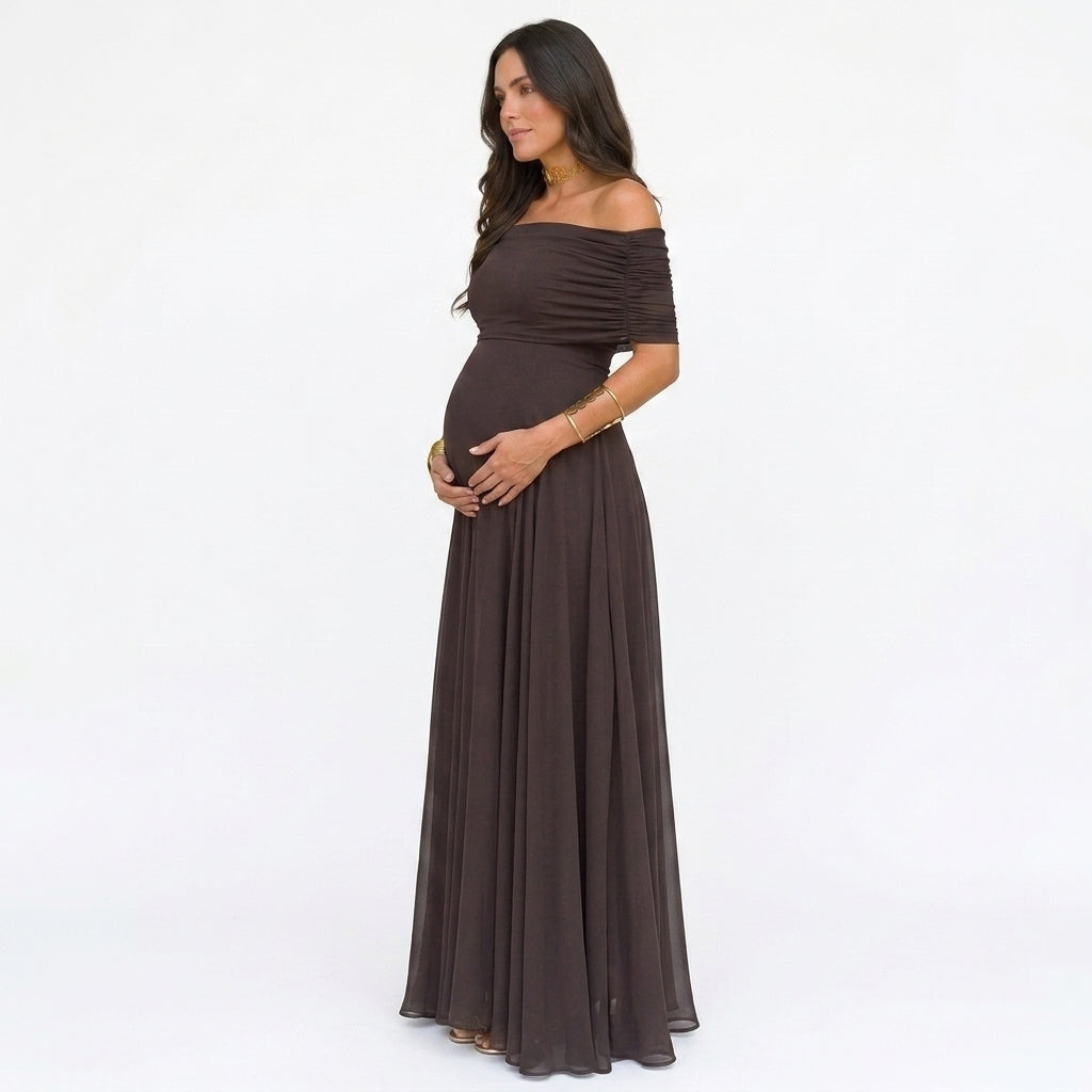 Off-the-Shoulder Floral Maternity Maxi Dress for Baby Showers and Photo Shoots