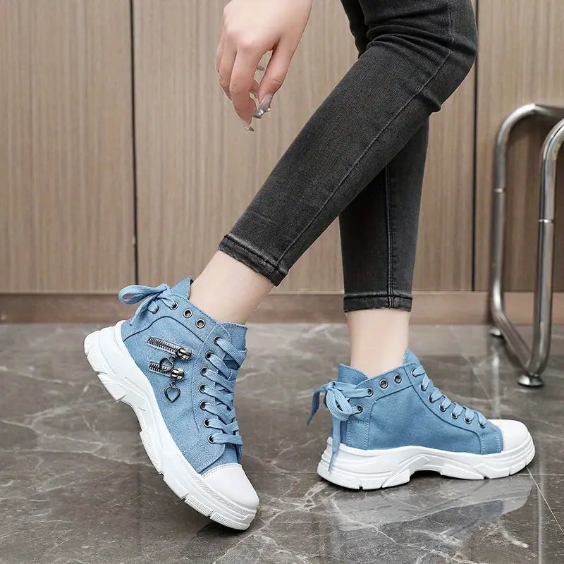 Women's Platform Trainers with Raised Sole, Lacing and Side Zip
