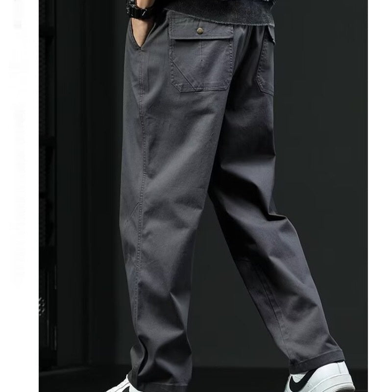 Men's Loose Straight Trousers with Mid Rise and Solid Colour