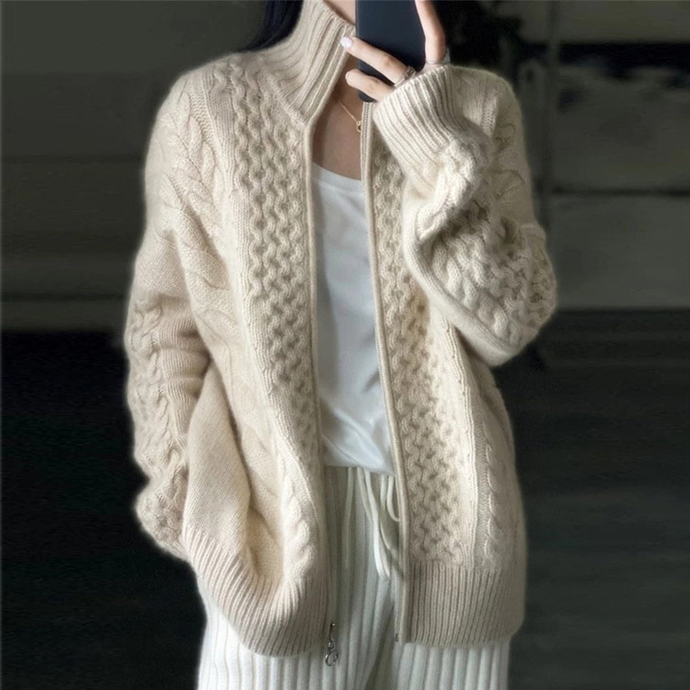 fine Wool-like Cardigan with High Neckline