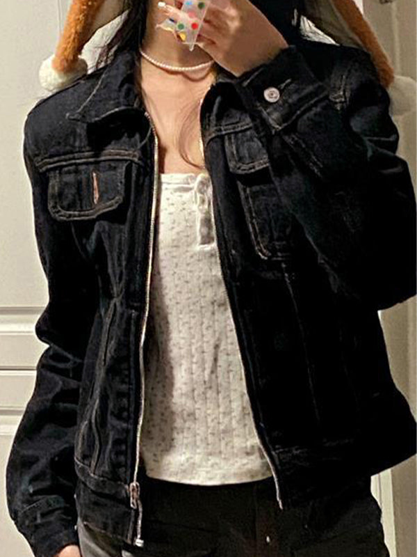 Lune London | Black Denim Notched Collar Zip-Up Short Jacket