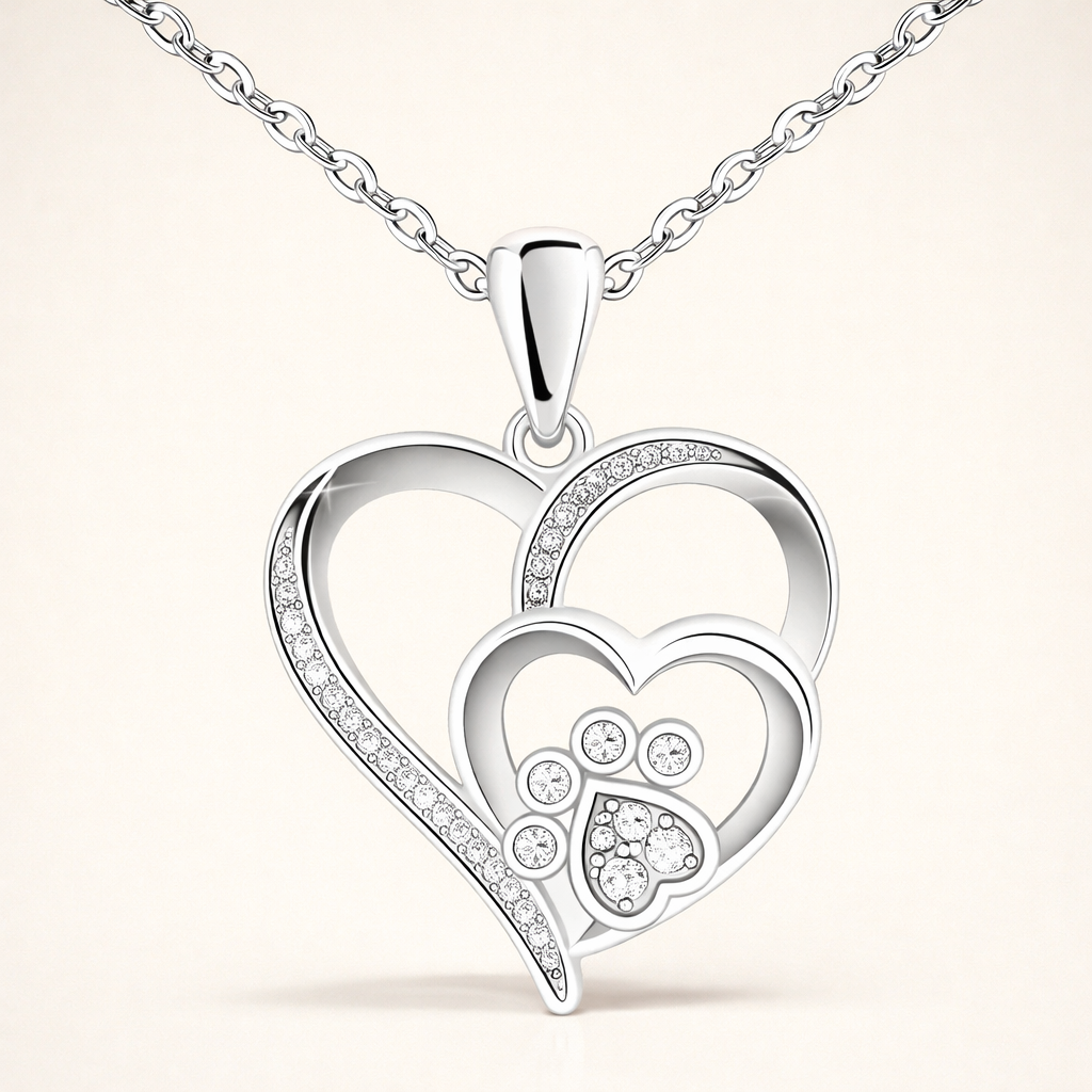Sterling Silver Paw & Heart Necklace with Zirconia