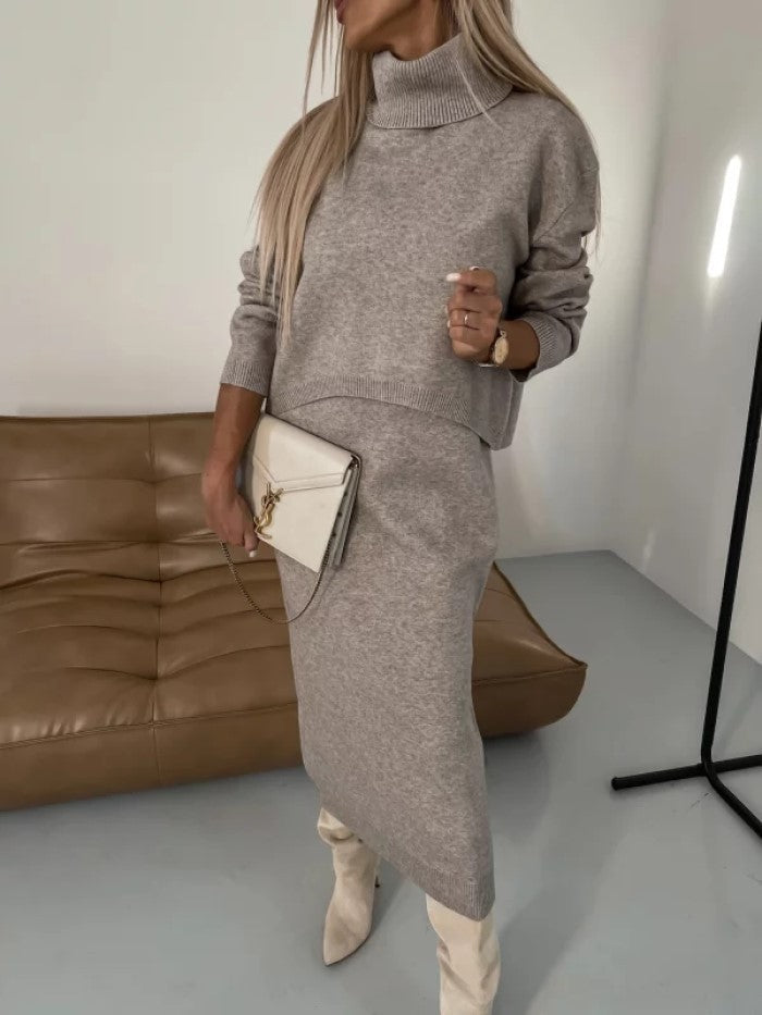 Women's Two-Piece Winter Knitwear Set with Polo Neck and Long Sleeveless Dress