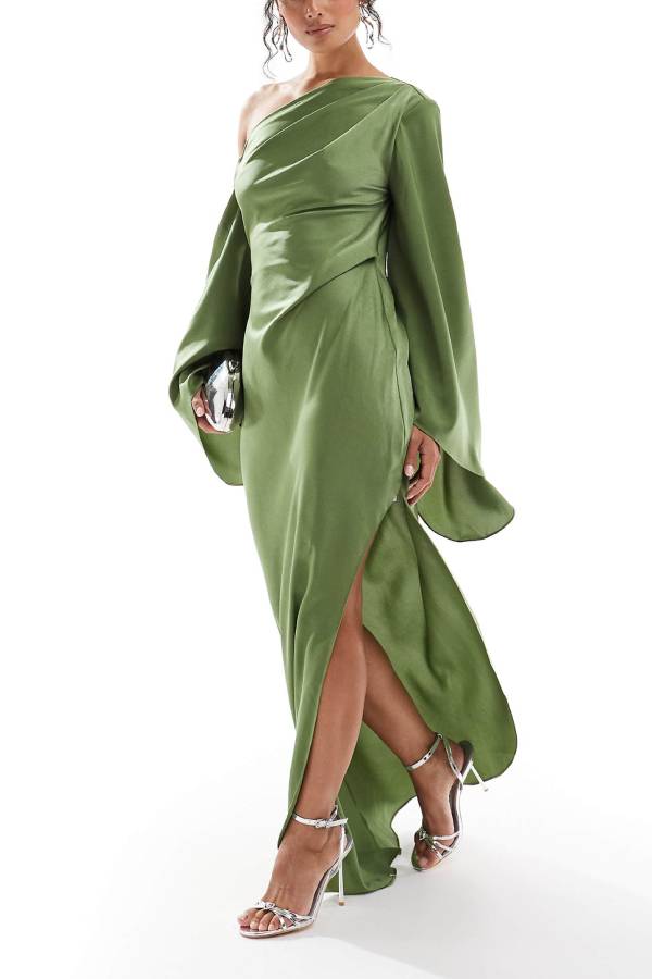 Chic und Stil | Zayla Satin Asymmetrical One Shoulder Bell Sleeve Split Maxi Dress