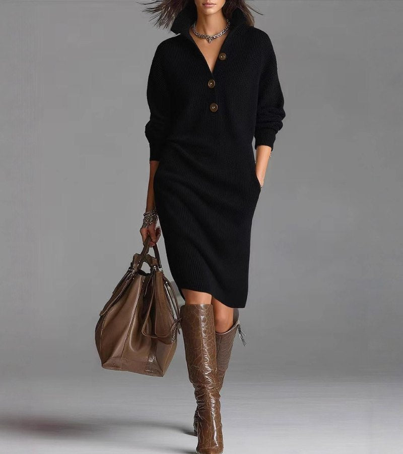 Women's Winter Knitted Dress with Button-Up Collar, Long Sleeves and Side Pockets