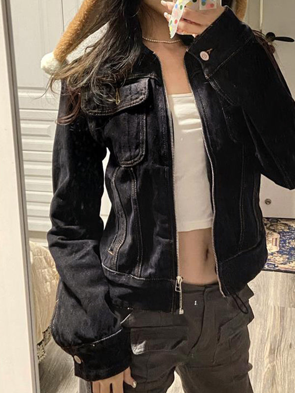 Lune London | Black Denim Notched Collar Zip-Up Short Jacket