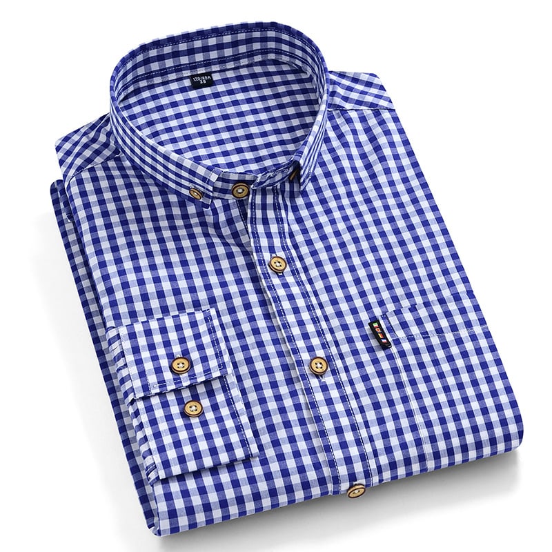 Men's Long-Sleeve Fitted Shirt with Square Collar and Check Pattern