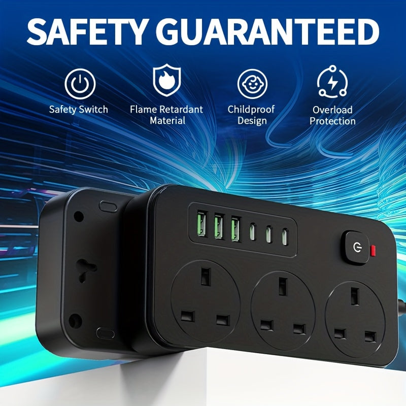 Power Strip with 3 AC Outlets, 6 USB Ports & 2M Extension Cable – 13A (UK)