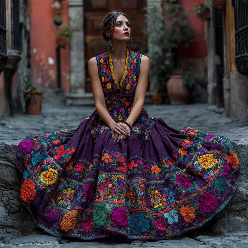 Women's Sleeveless Maxi Dress with Floral V-Neck for Parties and Special Occasions