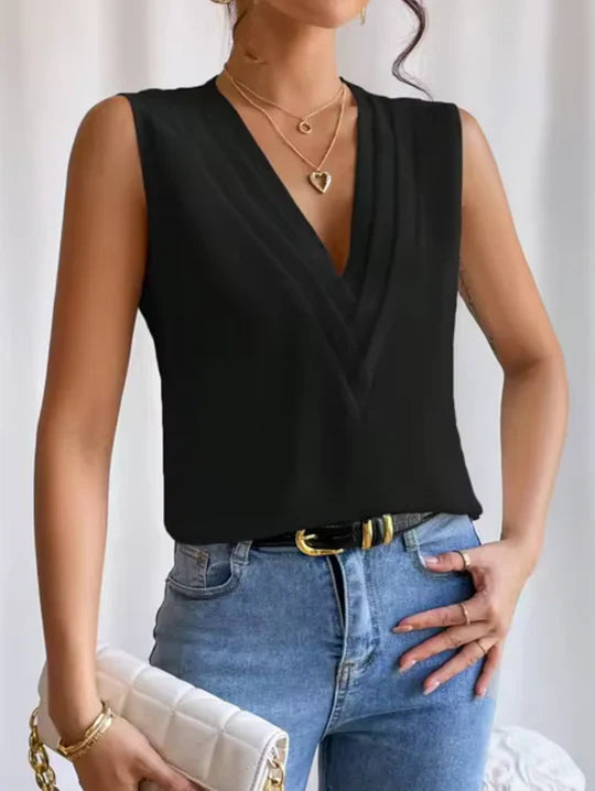 Elegant Sleeveless V-Neck Top for Women Chic Simplicity with a Touch of Elegance