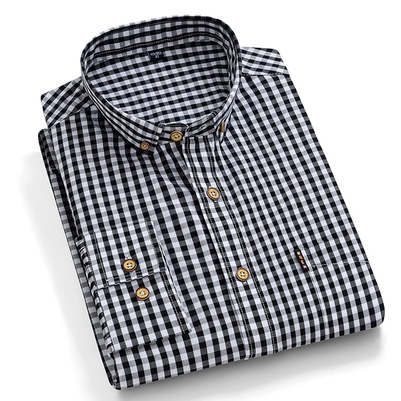 Men's Long-Sleeve Fitted Shirt with Square Collar and Check Pattern