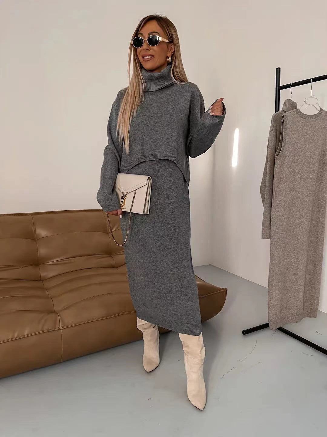 Women's Two-Piece Winter Knitwear Set with Polo Neck and Long Sleeveless Dress