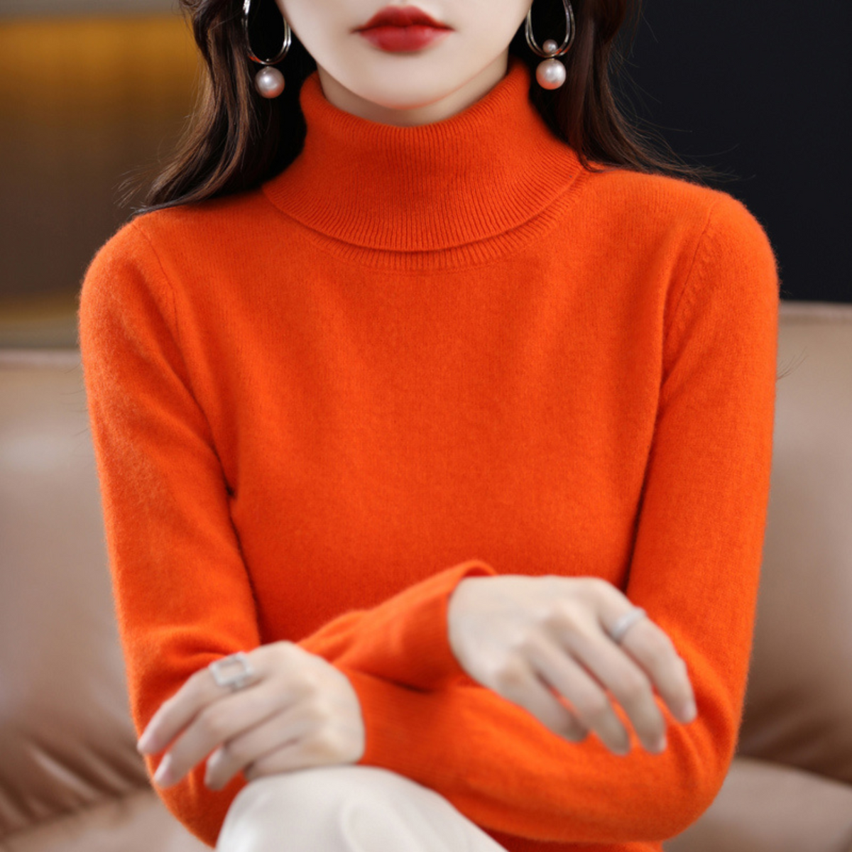 Women's 100% cashmere polo neck jumper – soft, regular fit