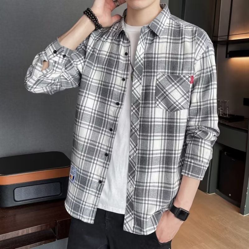 Men's Spring Long-Sleeve Check Shirt, Fitted