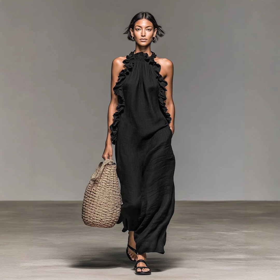 Women's Resort-Style Halter-Neck Maxi Dress – Silk-Look Effect