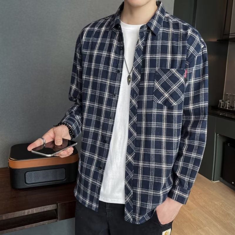 Men's Spring Long-Sleeve Check Shirt, Fitted