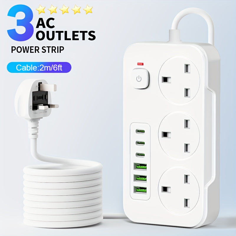 Power Strip with 3 AC Outlets, 6 USB Ports & 2M Extension Cable – 13A (UK)
