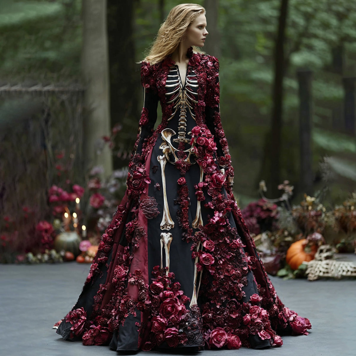 Women's Maxi Dress with Long Sleeves and Skeleton Flower Print for Halloween Parties