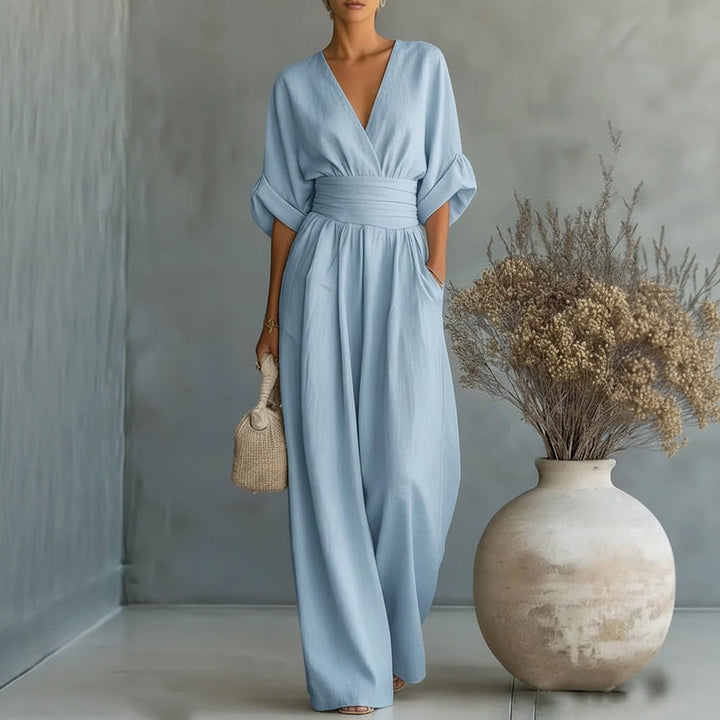 Summer Short-sleeved Jumpsuit Fashion Casual V-Neck Wide-Leg Pants Womens Clothing