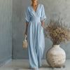 Women’s Short‑Sleeved V‑Neck Wide‑Leg Jumpsuit