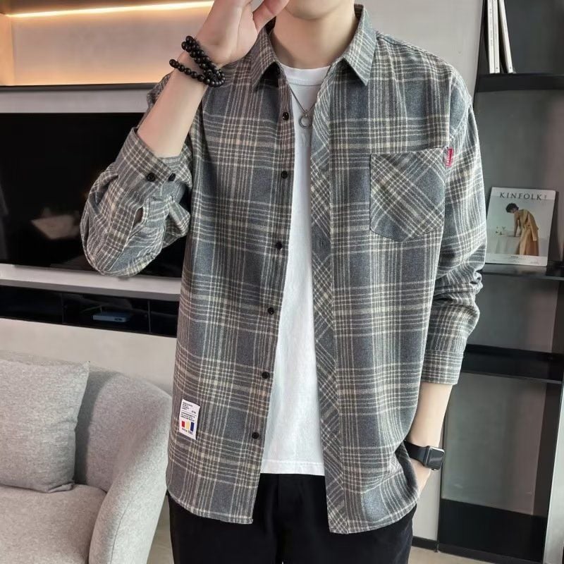 Men's Spring Long-Sleeve Check Shirt, Fitted