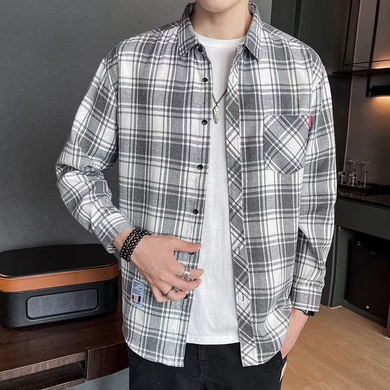 Men's Spring Long-Sleeve Check Shirt, Fitted