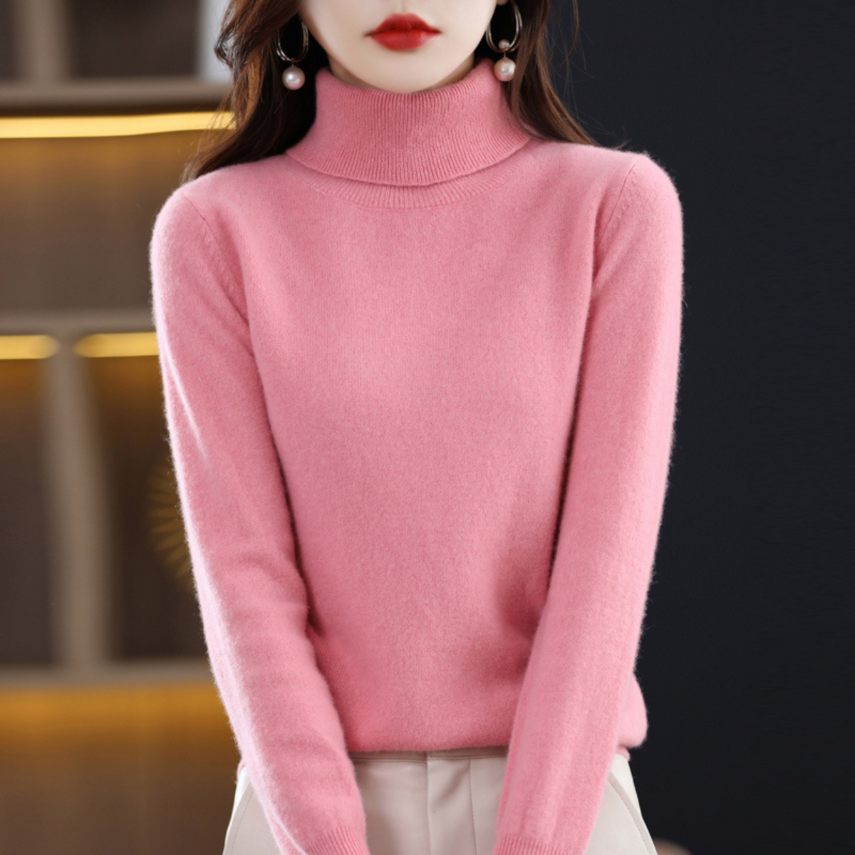Women's 100% cashmere polo neck jumper – soft, regular fit